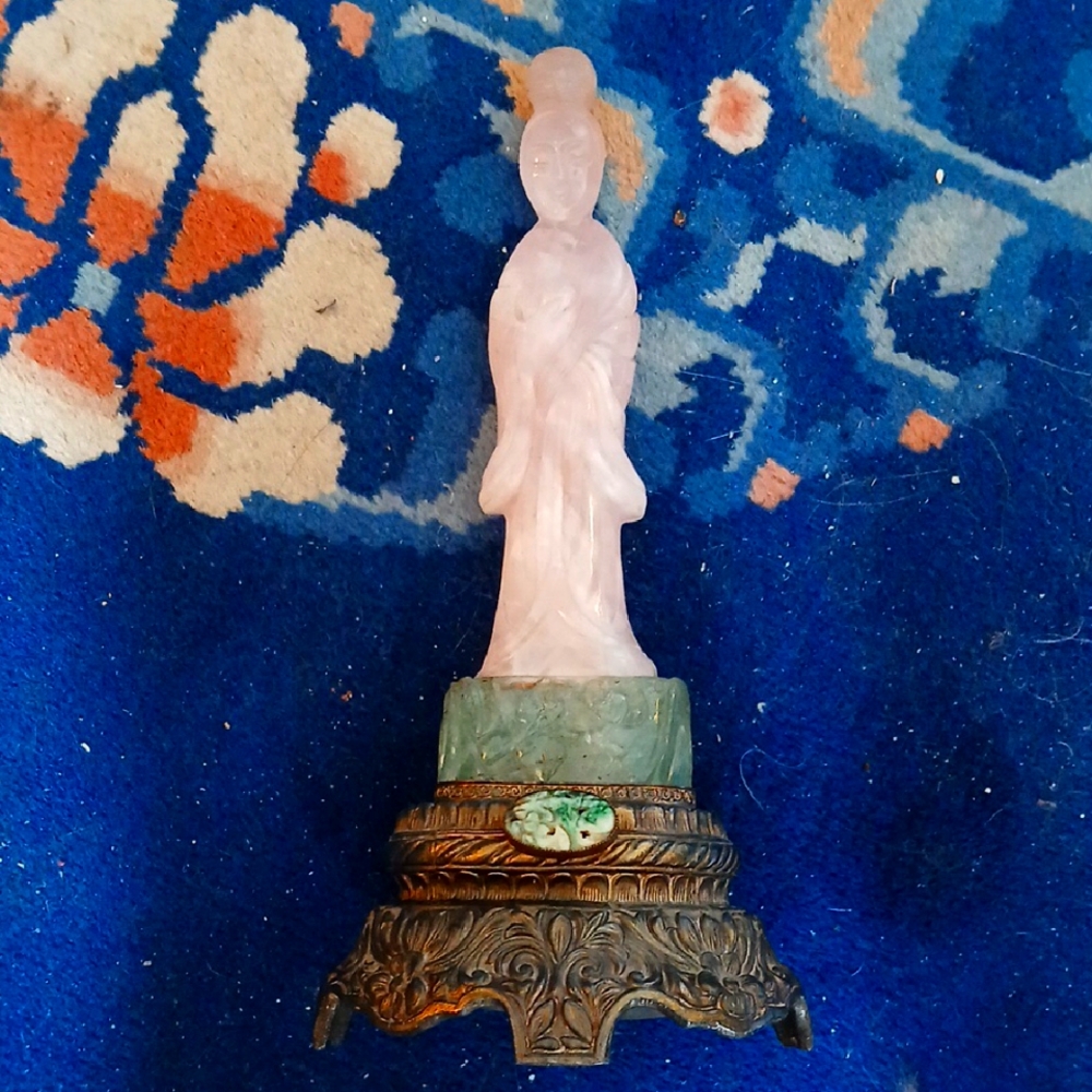 Elegant Rose Quartz Stone Figurine with Ornate Florite Jade Bronzed Base